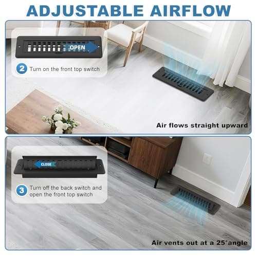 2x10 Floor Register with Vent Deflector, 2 in 1 Adjustable Floor Vent Covers, Floor Vent Deflector Includes Mounting Screws for Floor & Wall for Easy Install, Toe Kick Vent Cover, Black, 2 Pack view 6