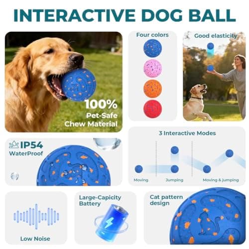 Interactive Dog Ball, Auto Rolling Smart Dog Toy for Aggressive Chewers, Bouncy Throwable Dog Enrichment Toy with 3 Rolling Modes, Type-C Rechargeable, IP54 Washable for Small Medium Large Dogs view 2