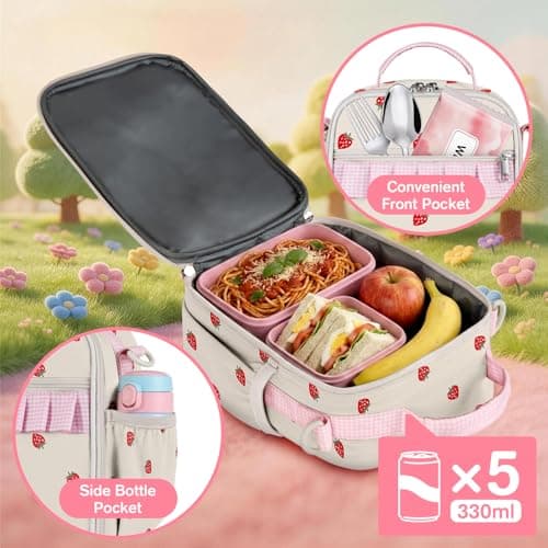Easozoom Insulated Lunch Bag for Teen Girl Kid Women with adjustable shoulder strap, Large Lunch Box, Reusable Portable Waterproof Leakproof Lunchbox for School Travel Office Picnic (Strawberry) view 5