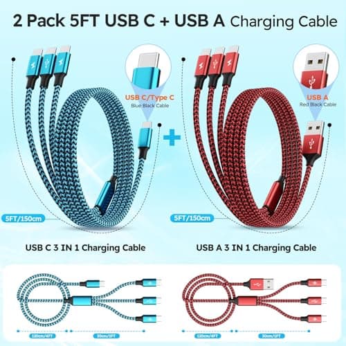 USBC Charger Cable, USB A/C to USB C Multi Charging Cable, Charger Cord Type C [2Pack 5Ft], 3 in 1 Multi Charger Cord, USB C Cable with 3 Type-C Connectors for iPhone 17/16/15, Galaxy S24/23, iPad view 2