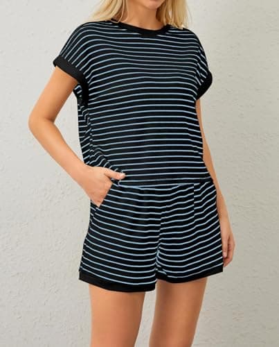 Burtell Women Summer 2 Piece Lounge Sets Striped Short Sleeve Tee Shirts Mini Shorts Loungewear Shorts Set Ribbed Pajama Set view 4
