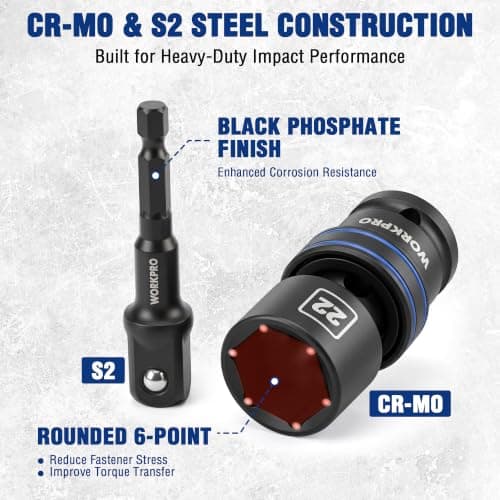 WORKPRO 18 PCS 1/2" Drive Impact Swivel Socket Set, Universal Joint Socket | Metric Wobble Socket Set (10-24mm) with 3", 6" Extension Bar, Socket Adapter, Drill Bit Adapter, CR-MO & S2, Standard 6 Point view 4