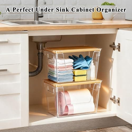 ShinyDew 2 Pack Trash Bag Dispenser with Bamboo Lid, Stackable Trash Bag Holder, Large Clear Garbage Bag Organizer for 4-33 Gal Bags, Space-Saving Under Sink Organizer for Kitchen, Laundry, Pantry view 4