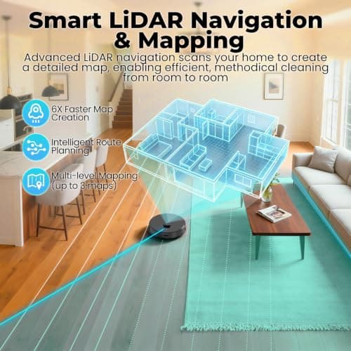 Lorvida Robot Vacuum and Mop Combo, 90-Day Self Emptying 8,000Pa, E10+ | LiDAR Navigation, Home Mapping, No-Go Zone, 150 Mins, App, Voice Control, Robotic Vacuum Cleaner for Hard Floor, Carpet view 6