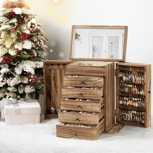Emfogo Wooden Jewelry Box for Women, 6-Tier Large Jewelry Organizer Boxes with Mirror Rustic Solid Wood jewlery Storage Display for Rings Earrings Necklaces Bracelets watches(Carbonized Brown) view 3