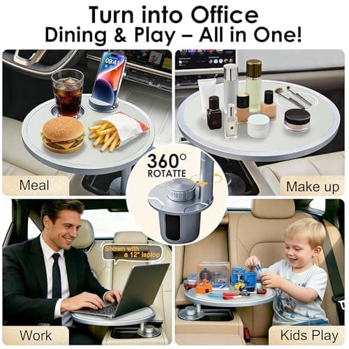 Car Food Tray & Car Table Tray with Car-Grade Aluminum Cup Holder & Phone Stand, Premium Wood with Leather Surface, 360° Rotating Car Desk for Laptop &Eating (Round, White) view 3