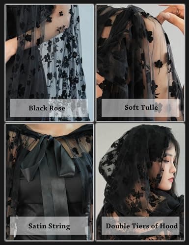 Black Lace Floral Tulle Cape with Hood, Long Halloween Witch Costume Cloak view 2