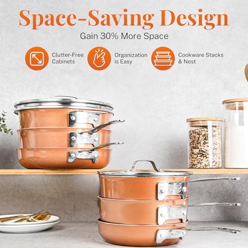 GOTHAM STEEL Stackmaster 10 Pc Nesting Pots and Pans Set Non Stick, Copper | Induction Cookware Set Nonstick, Nests to Save Cabinet Space, Dishwasher & Oven Safe to 500°F, Diamond Reinforced Nonstick view 3