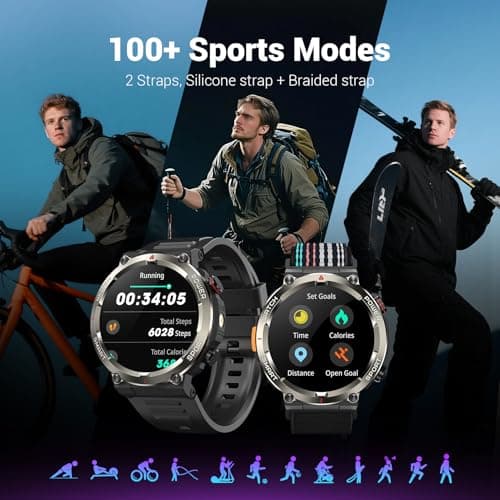 Military Smart Watch for Men(Answer/Make Calls),Outdoor Smartwatch with 100 Days Battery/Flashlight/Compass/Heart Rate/SpO2/Sleep Monitor/2 Straps, Rugged Fitness Watch for iPhone/Android Phones view 6