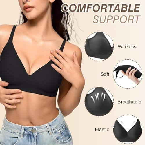 Greoay Bras for Women Wireless Push Up Seamless Wire-Free Bras Full Support T-Shirt Bra V Neck Comfortable Adjustable Bra view 3