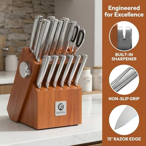 imarku High Carbon Stainless Steel Gyutou Knife Set with Block, Precision-Forged Razor Sharp 10–15° Edge, Ergonomic Non-Slip Handle, Built-in Sharpener, Brown, Best Gift Choice, Cooking Enthusiasts view 3