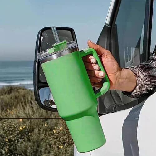 REVGOZU 40 Oz Tumbler with Handle Straw Lid Insulated Stainless Steel Vacuum Reusable Coffee Cup Holder Friendly Keep Drinks Cold Gifts for Lover Women Men Car Gym Travel (Green) view 2