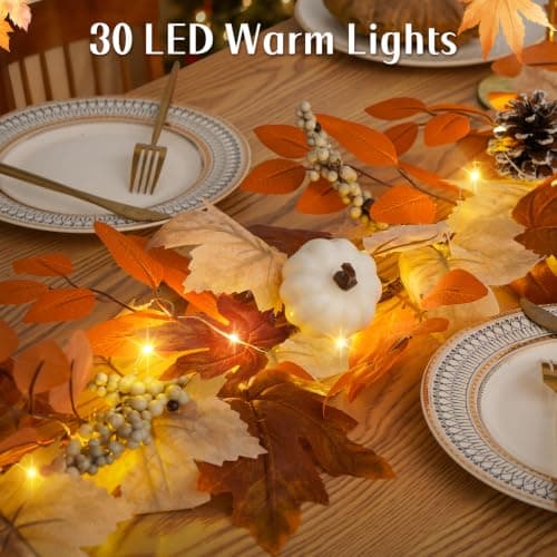 6 Ft Fall Garland with Lights & Timer, Thanksgiving Fireplace Mantel Decor | 30 Warm LED Lights, 6H Timer, Maple Leaves, Pumpkin, Berries and Pine Cones, Fireplace, Lighted Porch Table Autumn Decor view 6