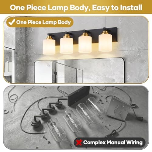 Bathroom Vanity Light Fixture, 4-Light Black and Gold Bathroom Light Fixtures Over Mirror with Milky White Glass Shades, Modern Vanity Lights for Bathroom Living Room Hallway (Bulbs Not Included) view 4