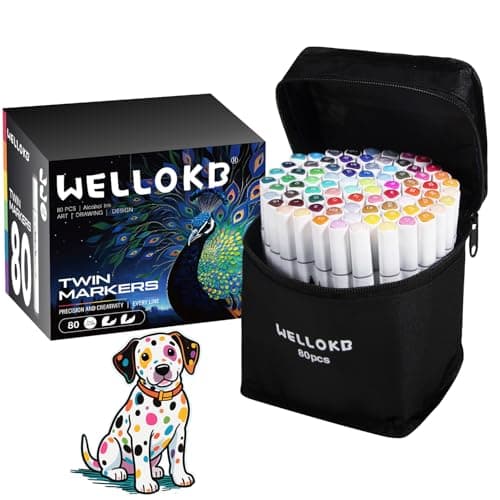 WELLOKB Alcohol Markers Set, 80 colors Alcohol Based Dual Tip, Brush and Fine Tip for Adult Coloring Books, Drawing, Sketching