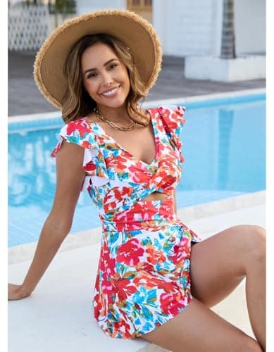 MFAVIP Women One Piece Swim Dress Tummy Control Swimsuits V Neck Ruffle Bathing Suit Cutout Sexy Wrap Side Tie with Skirt view 4