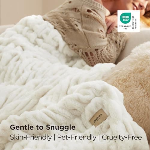 Bedsure Gentlesoft Double-Sided Ruched Faux Fur Throw Blanket for Couch, Cozy Soft Fuzzy Fluffy Faux Rabbit Fur Blanket, Luxury Gifts for Women Thick Warm Plush Room Decor, 50X60 Inch, Cream view 5