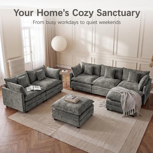 Modular Sectional Sofa for Living Room, 102" Oversized Cloud Couch with Movable Ottoman, 4 Seat Modern Comfy Sofa Chenille Deep Seat Couches with L Shape, for Office Bedroom Living Room view 5