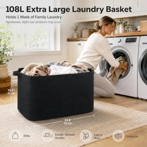 OIASKET 108L Extra Large Blanket Basket Living Room, 24.8" x 16.2" x 16.2" | Rectangle Woven Laundry Hamper, Nursery Blanket Storage Living Room, Toy Storage With Handle, Large Baskets for Organizing view 2