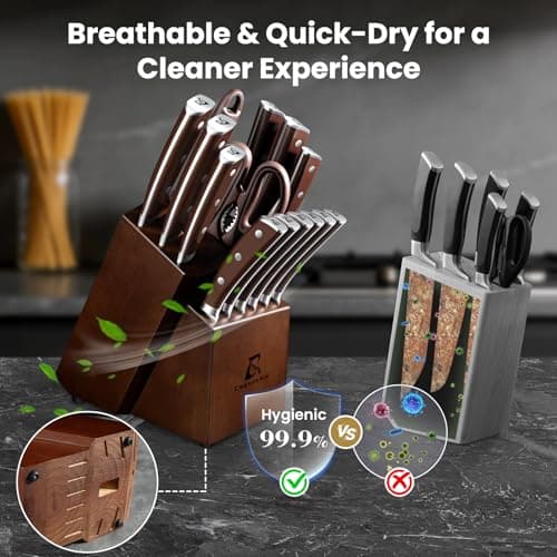 CoquusAid 15-Piece Kitchen Knife Set with Rubber Wood Block, New Upgrade | Widened Ventilated Slot for Hygienic Storage, German DIN1.4116 Steel Chef Knife Set with Sharpener, Full Tang, Ideal Gift view 4