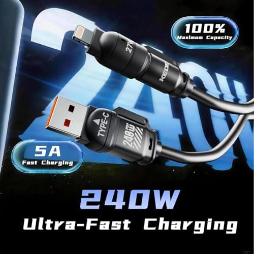 KEDESO Retractable 4-in-1 Car Charging Cable, PD 240W Fast Charging Coiled USB Cord for CarPlay & Android Auto, Compatible with iPhone 16 15 14 13, Samsung S24, Pixel - Tangle-Free & Heat Resistant view 2