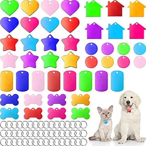 48 Pcs Blank Pet ID Tag Colorful Aluminum Dog Cat Badge Blank Round Heart Star Bone House Rectangle Tags with Ring Pet ID Badge Pendant with Hole for Dog Cat Name Phone Number, 6 Styles — image 1
