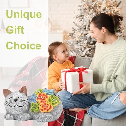 Otdair Solar Cat Decor, Birthday Gifts for Women with Succulent and 7 LED Lights, Christmas Gifts for Mom, Seniors, House Warming New Home Garden Decor for Cat Lover view 6