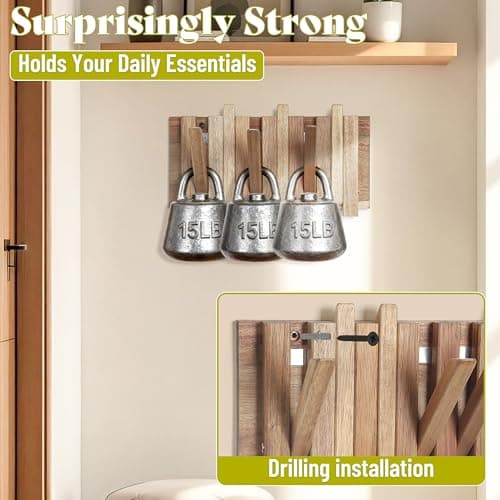 LOTOFUN Wall Coat Rack for Entryway: Farmhouse Wooden Folding 6 Hooks Mount 10.4inch Rustic Decorative Minimalist Piano Hanger for Apartment Office Small Space for Towel Backpack Jacket view 3