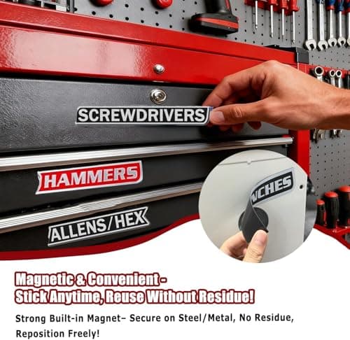 Magnetic Tool Box Organization Labels, 12 Pack Reusable Steel Cabinet Labels for Workshop Storage, Toolbox Drawer with Strong Magnet Backing (Black) view 2