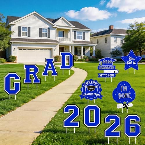 Graduation Decorations 12Pcs Waterproof Blue Graduation Yard Signs Class of 2026 Outdoor Congrats Grad Sign with Stakes for Garden Lawn Yard College High School Graduation Party Decorations view 5