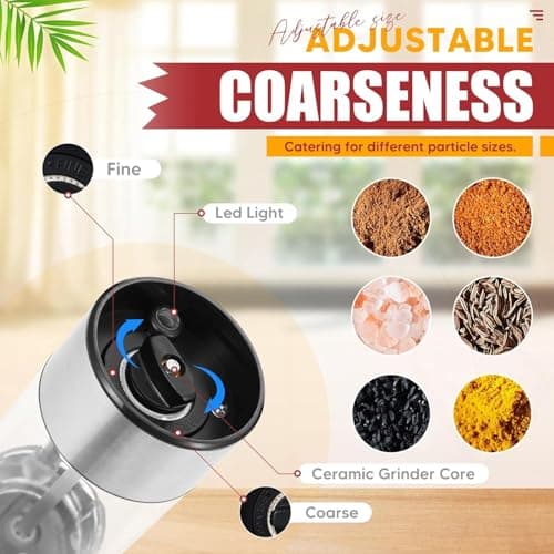 Electric Salt and Pepper Grinder Set with Charging Base - One Handed Automatic Spice Mill, Adjustable Coarseness Pepper Grinder, LED Light, Stainless Steel for Modern Kitchen & BBQ view 4