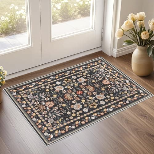 UERMEI Door Mat Entrance Rug: 2x3 Washable Area Rug Boho Floral Small Rug - Non-Slip Low Pile Throw Indoor Carpet for Entryway Kitchen Front Door Bathroom Entry Kids Room - Black Grey