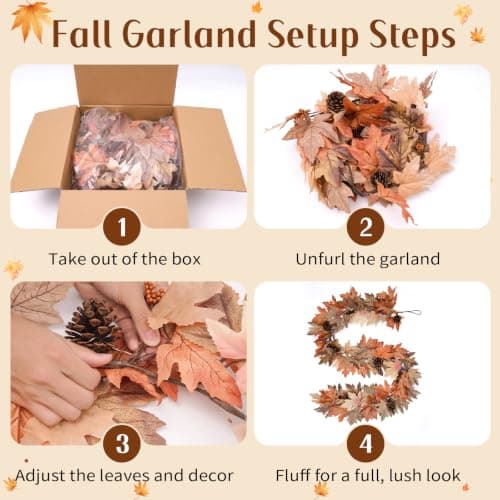 6 Ft Fall Garland with Lights & Timer, Thanksgiving Fireplace Mantel Decor | 30 Warm LED Lights, 6H Timer, Maple Leaves, Berries and Pine Cones, Flexible Vine, Lighted Porch Table Autumn Decor view 3