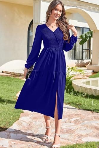 Dokotoo Fall Dresses for Women 2026 Long Sleeve V Neck Smocked Empire Waist Ruffle Tiered Casual Split Maxi Dress view 3