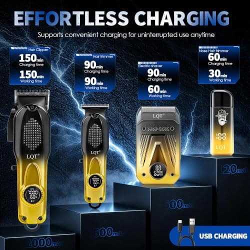 Hair Clippers for Men with LED Power Display, 4-Piece Professional Grooming Kit with Hair Clipper, Detail Trimmer, Foil Shaver & Nose Trimmer, Complete Cordless Set for Home Barber Use (Black Gold) view 2