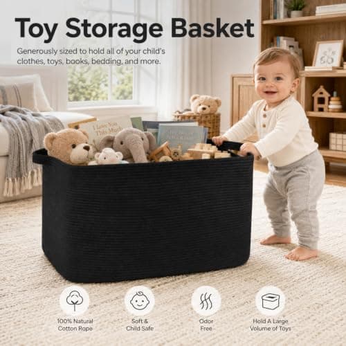 OIASKET 108L Extra Large Blanket Basket Living Room, 24.8" x 16.2" x 16.2" | Rectangle Woven Laundry Hamper, Nursery Blanket Storage Living Room, Toy Storage With Handle, Large Baskets for Organizing view 6