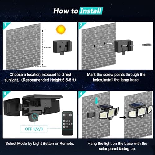 Tuffenough Solar Outdoor Lights 2500LM 210 LED Security Lights with Remote Control,3 Heads Motion Sensor Lights, IP65 Waterproof,270° Wide Angle Flood Wall Lights with 3 Modes(2 Packs) view 6