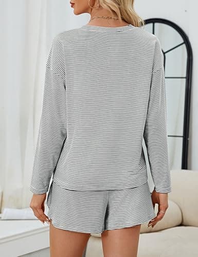 JUSTFASHIONNOW Womens Pajama Sets Striped Two Piece Lounge Sets Long Sleeve Top and Split Shorts Print Sleepwear Comfy Pjs view 5