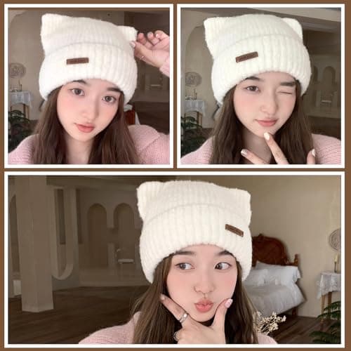 Cat Ear Beanie Cute White Cat Crochet Beanie Winter Warm Hat Knitted Cap for Women Girls view 6