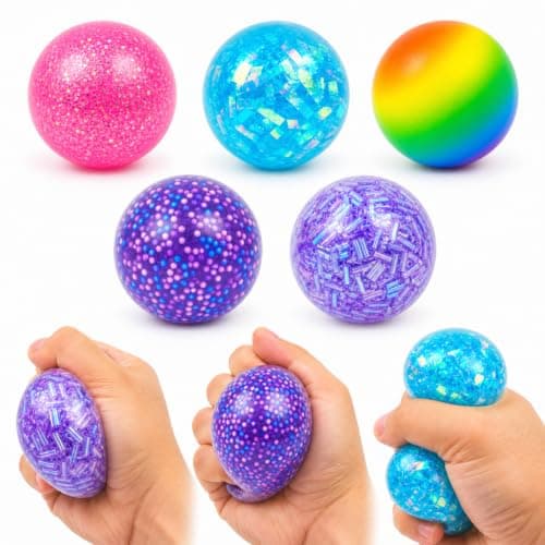 Squeeze Squishy Balls Set, 5Pack Colorful Sensory Fidget Toys Bulk | For Adults, Assorted Colorful Balls with Rainbow and Shimmer Designs for Desk Breaks, Party Favors and Stocking Stuffers — image 1