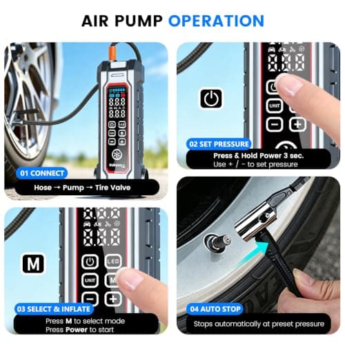 12000mAh Car Jump Starter 1800A with Air Compressor & Vacuum Cleaner | LED Light, Portable Battery Booster, Gas/Diesel Compatible, 1800A Peak Current, 12000mAh Capacity view 6