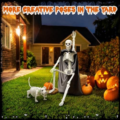 Halloween Decorations Outdoor 36 Inch Realistic Posable Skeleton With Dog | 3ft Full Body Posable Skeleton Plastic Bones Movable Joints Halloween Party Yard Haunted House Props Indoor Decor view 4
