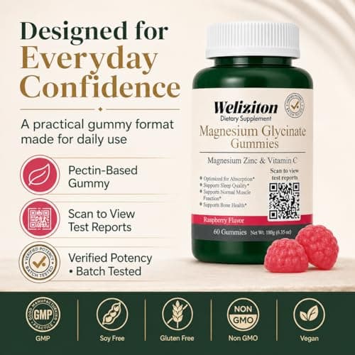 Weliziton Magnesium Glycinate Gummies 100mg -Magnesium Gummies for Adults with Zinc & Vitamin C, Gentle on Stomach, Sleep, Calm & Muscle Support, Sugar-Free Raspberry Flavor, 60 Count (30-Day Supply) view 5