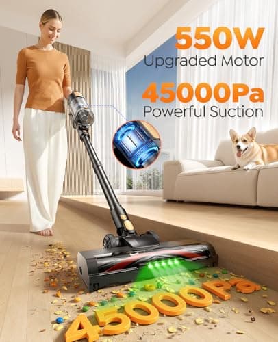 Cordless Vacuum Cleaner, 550W 45KPa 50Mins Vacuum Cleaners for Home, Powerful Stick Vacuum with Green LED Lights, Self-Standing & Anti-Tangle, Lightweight Vacuum for Pet Hair/Carpet/Hard Floor view 2