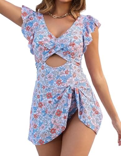 MFAVIP Women One Piece Swim Dress Tummy Control Swimsuits V Neck Ruffle Bathing Suit Cutout Sexy Wrap Side Tie with Skirt view 2