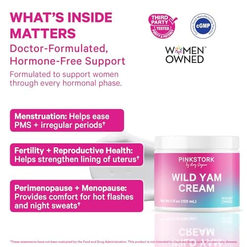 Pink Stork Wild Yam Cream, Hormone Balance, PMS, Fertility, Menopause, 4 oz | Unscented | Doctor-Formulated Hormone-Free Topical Cream | PMS, Fertility, Perimenopause + Menopause Support view 3