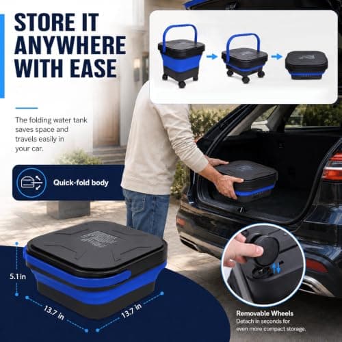 Portable Cordless Washer with 3.4Gal Tank, Foldable Design for Car Camping | 580PSI Max, 7-Level Adjustable Sprayer, 360° Rotating Nozzle, 23FT Hose, 20000mAh Battery, Portable with Wheels, Blue view 5