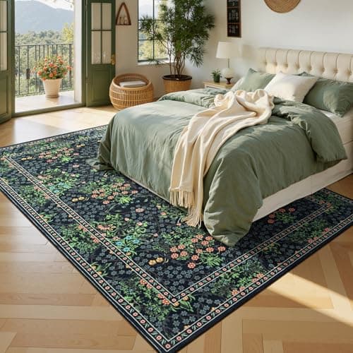 Lessymo Floral Black Green Washable Rugs 8x10, Living Room Area Rug Non Slip Boho Low Plie Large Carpet for Bedroom Dining Room Home Office, Vintage Flower Decor Distressed Retro Indoor view 2