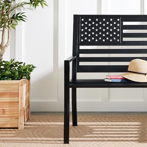 Best Choice Products Outdoor Bench 2-Person Steel Indoor/Outdoor Bench for Garden, Patio, Porch, Entryway w/American Flag, 790lb Capacity – Black view 3