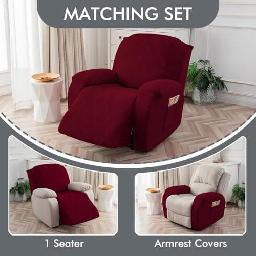 YUEANG 100% Waterproof Recliner Cover, 1 Pieces Reclining Chair Cover Stretch Sofa Slipcovers Washable Furniture Protector for Pets, Dogs, Kids (Wine, 1 Seater X-Large) view 7